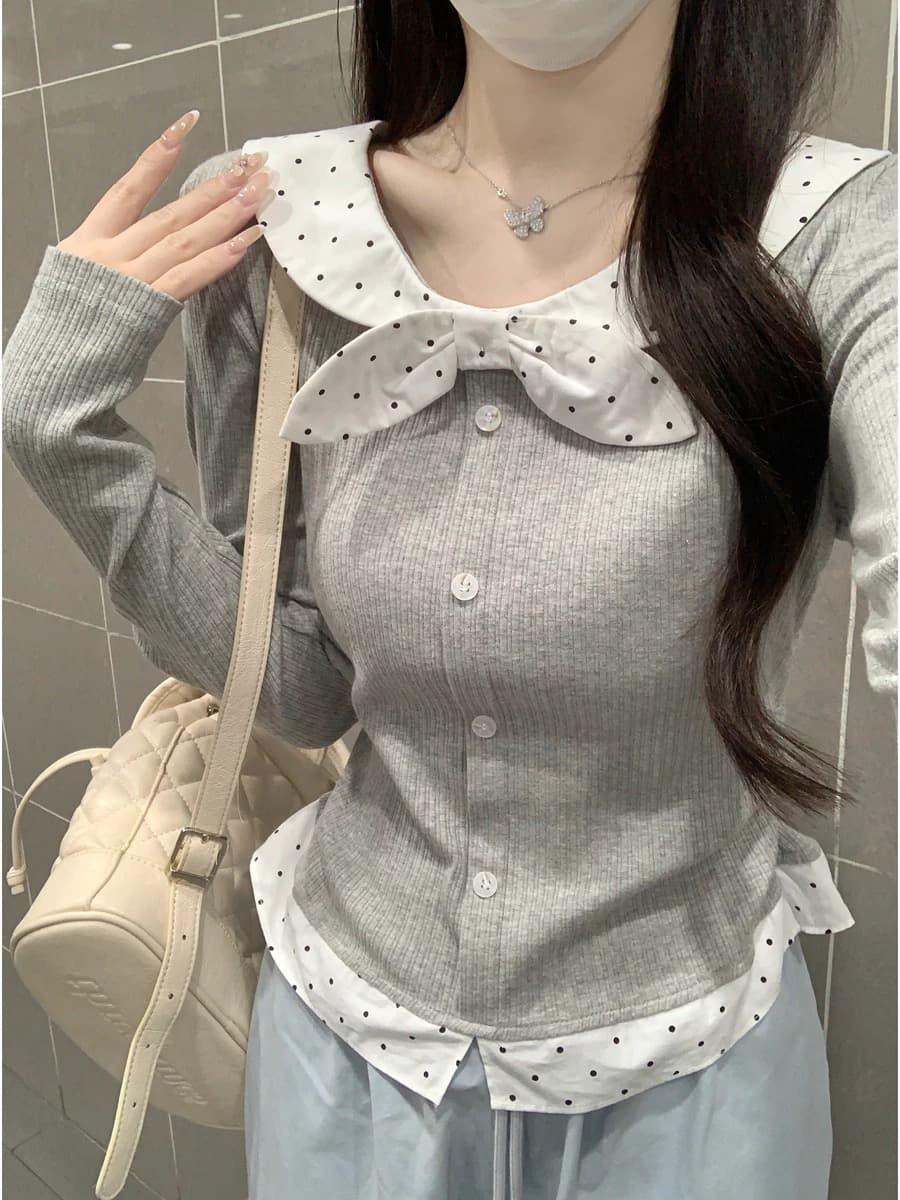 페이크 레이어드 레이스업 나비 매듭 도트 무늬 기본 셔츠 여성 2025 년 가을 겨울 인사이드 가져 가라. 작은 키 몸매 가꾸기 슬림해 보이는 맨위 상세 이미지 1