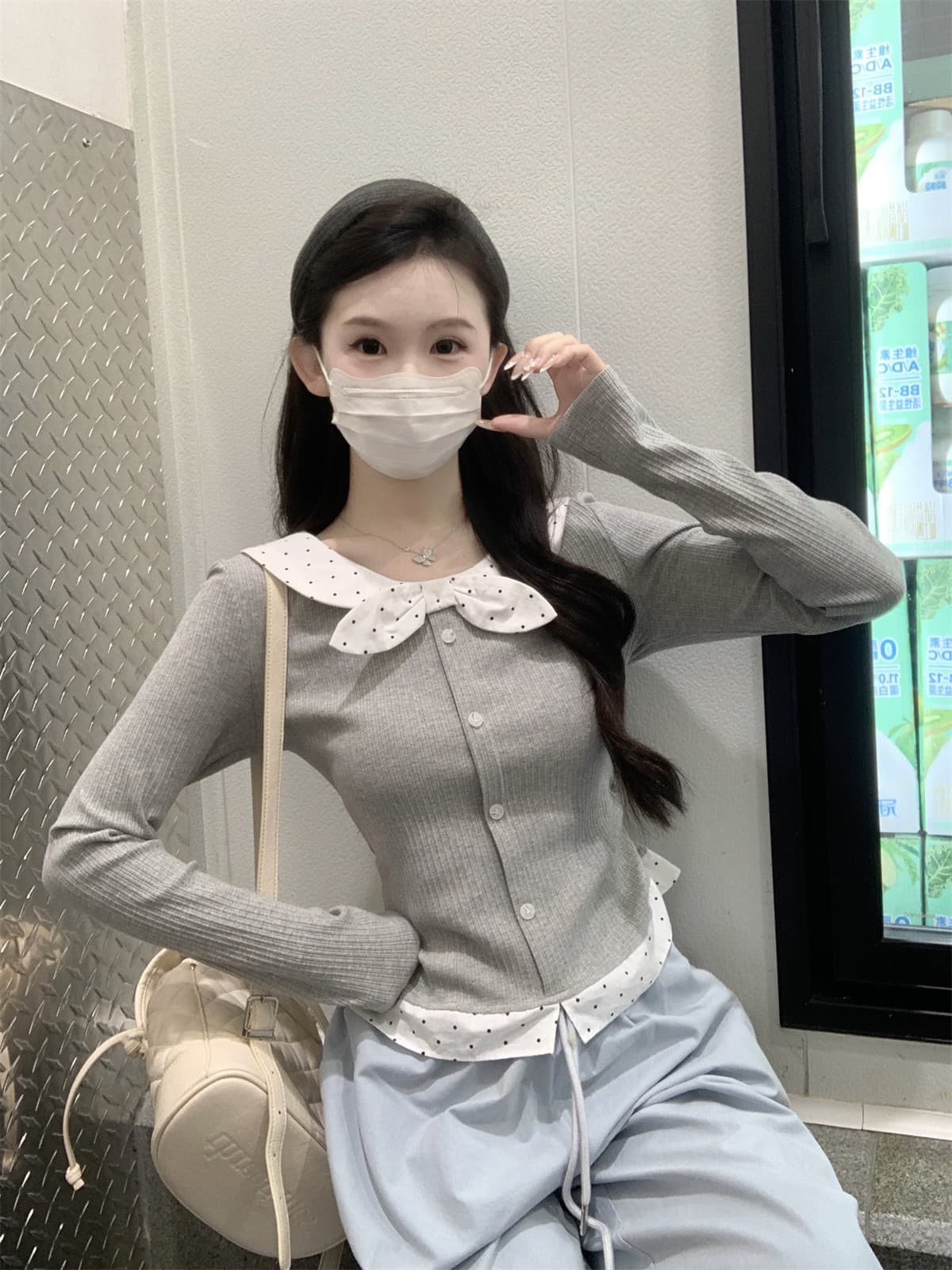 페이크 레이어드 레이스업 나비 매듭 도트 무늬 기본 셔츠 여성 2025 년 가을 겨울 인사이드 가져 가라. 작은 키 몸매 가꾸기 슬림해 보이는 맨위 상세 이미지 8