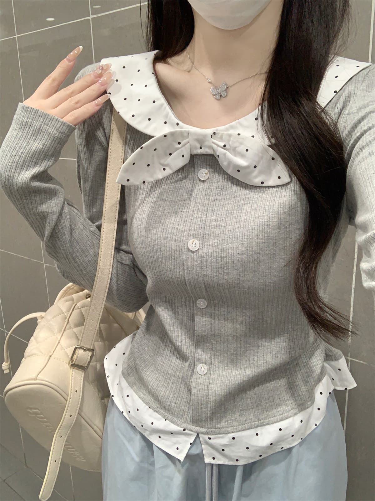 페이크 레이어드 레이스업 나비 매듭 도트 무늬 기본 셔츠 여성 2025 년 가을 겨울 인사이드 가져 가라. 작은 키 몸매 가꾸기 슬림해 보이는 맨위 상세 이미지 13