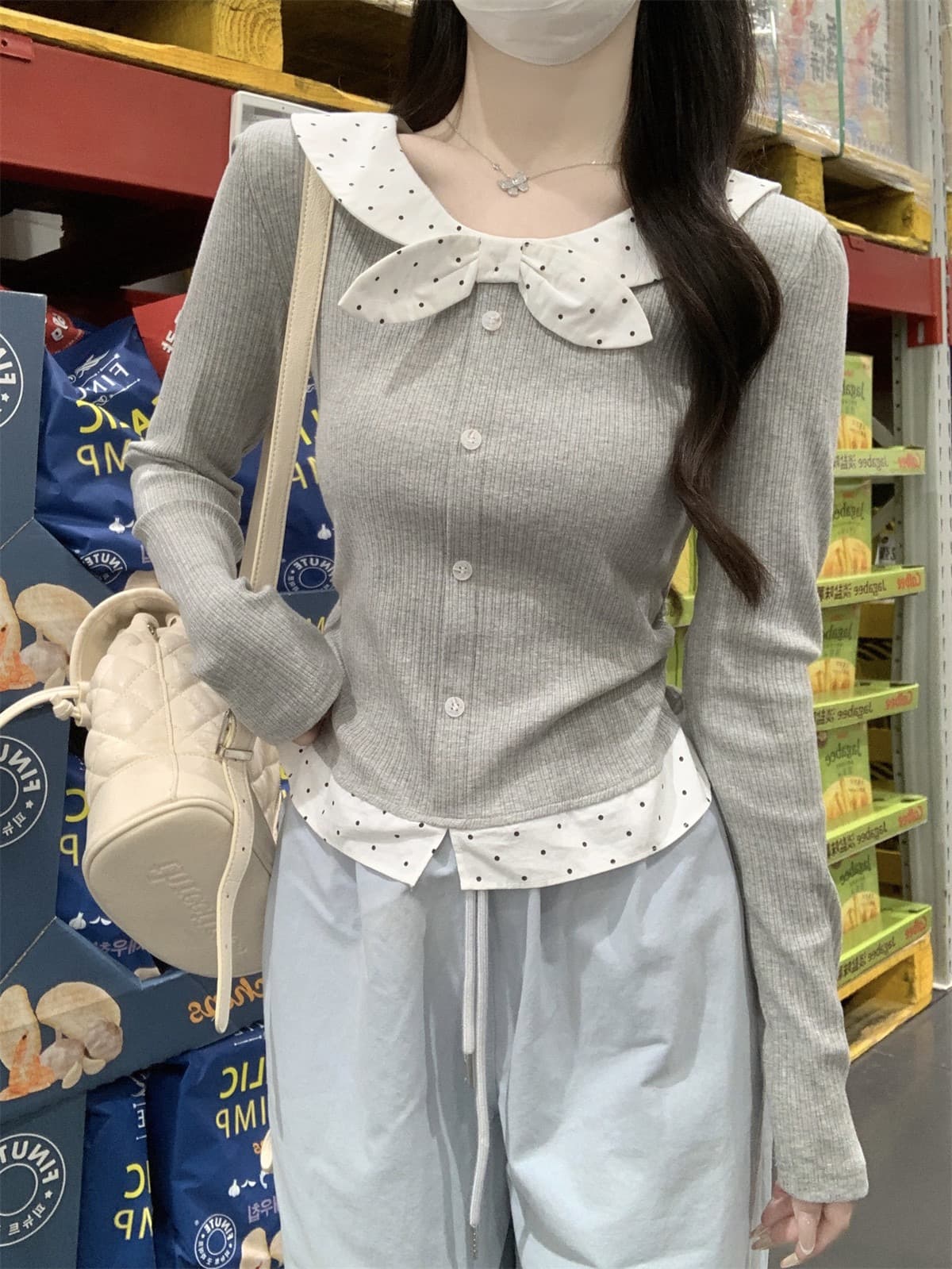 페이크 레이어드 레이스업 나비 매듭 도트 무늬 기본 셔츠 여성 2025 년 가을 겨울 인사이드 가져 가라. 작은 키 몸매 가꾸기 슬림해 보이는 맨위 상세 이미지 15