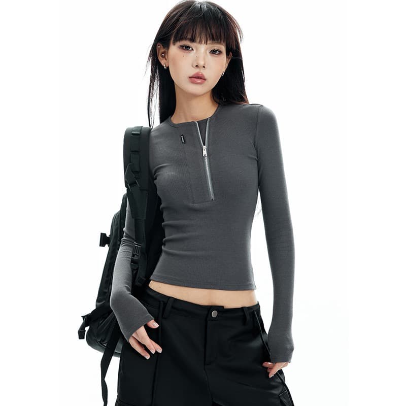 경관 그림 정가 아메리칸 레트로 긴팔 티셔츠 디자인 센스 작은 대중 즐기십시오 이익 칼라 지퍼 몸매 가꾸기 인사이드 가져 가라. 만나는 맨위 상세 이미지 7