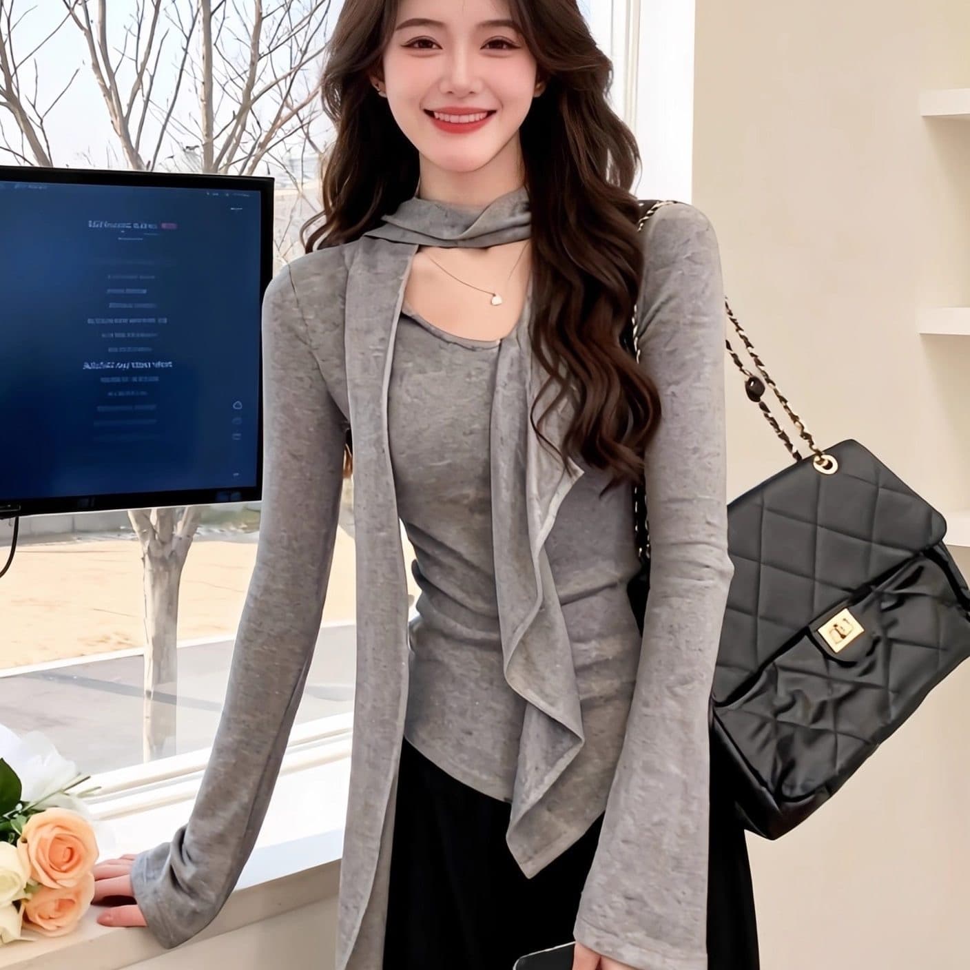 경관 그림 정가 불규칙 V넥 리본 프릴 긴팔 티셔츠 봄 여름 디자인 센스 세련된 인사이드 잡아라. 의류 여성
