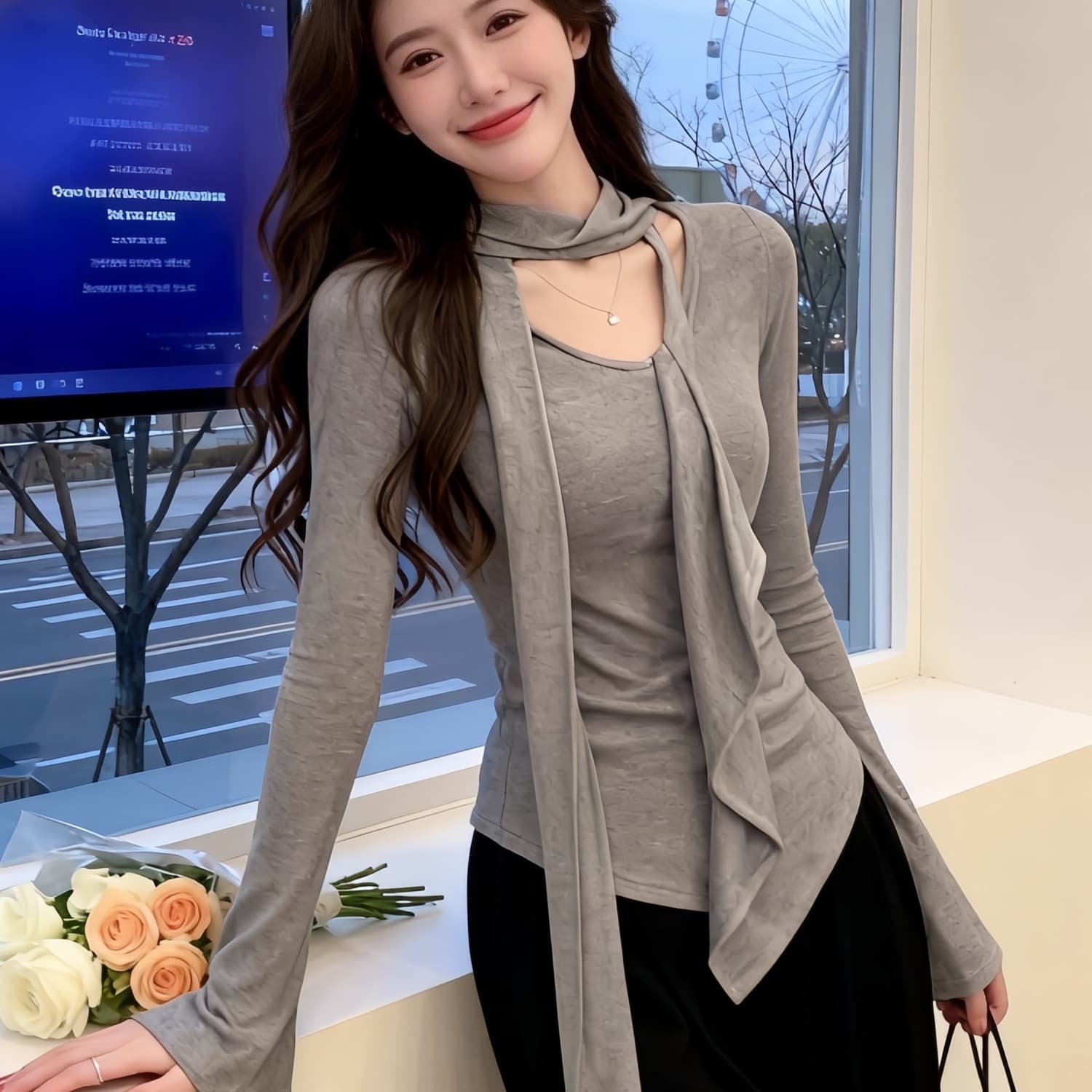 경관 그림 정가 불규칙 V넥 리본 프릴 긴팔 티셔츠 봄 여름 디자인 센스 세련된 인사이드 잡아라. 의류 여성 이미지 2