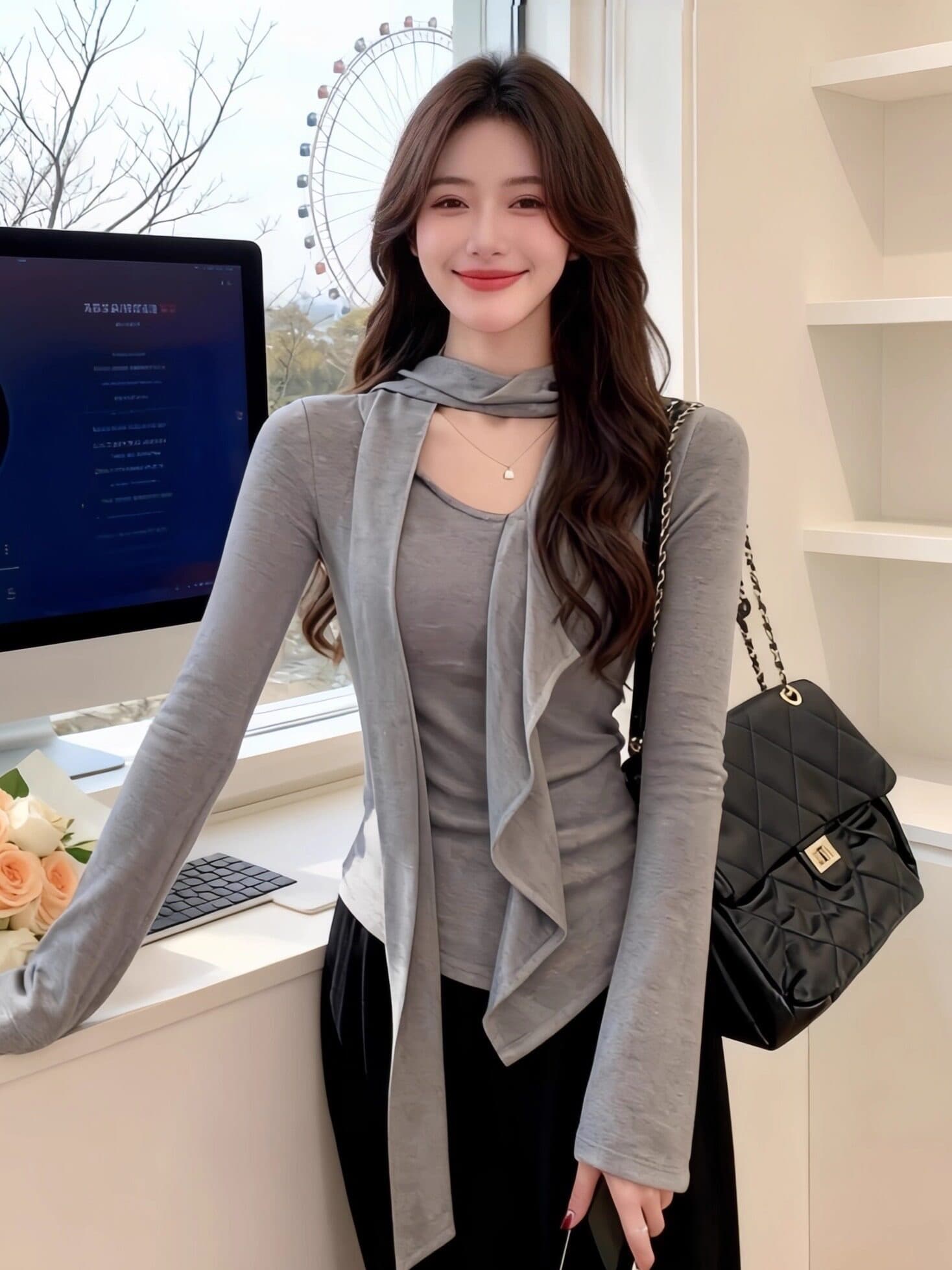 경관 그림 정가 불규칙 V넥 리본 프릴 긴팔 티셔츠 봄 여름 디자인 센스 세련된 인사이드 잡아라. 의류 여성 상세 이미지 2