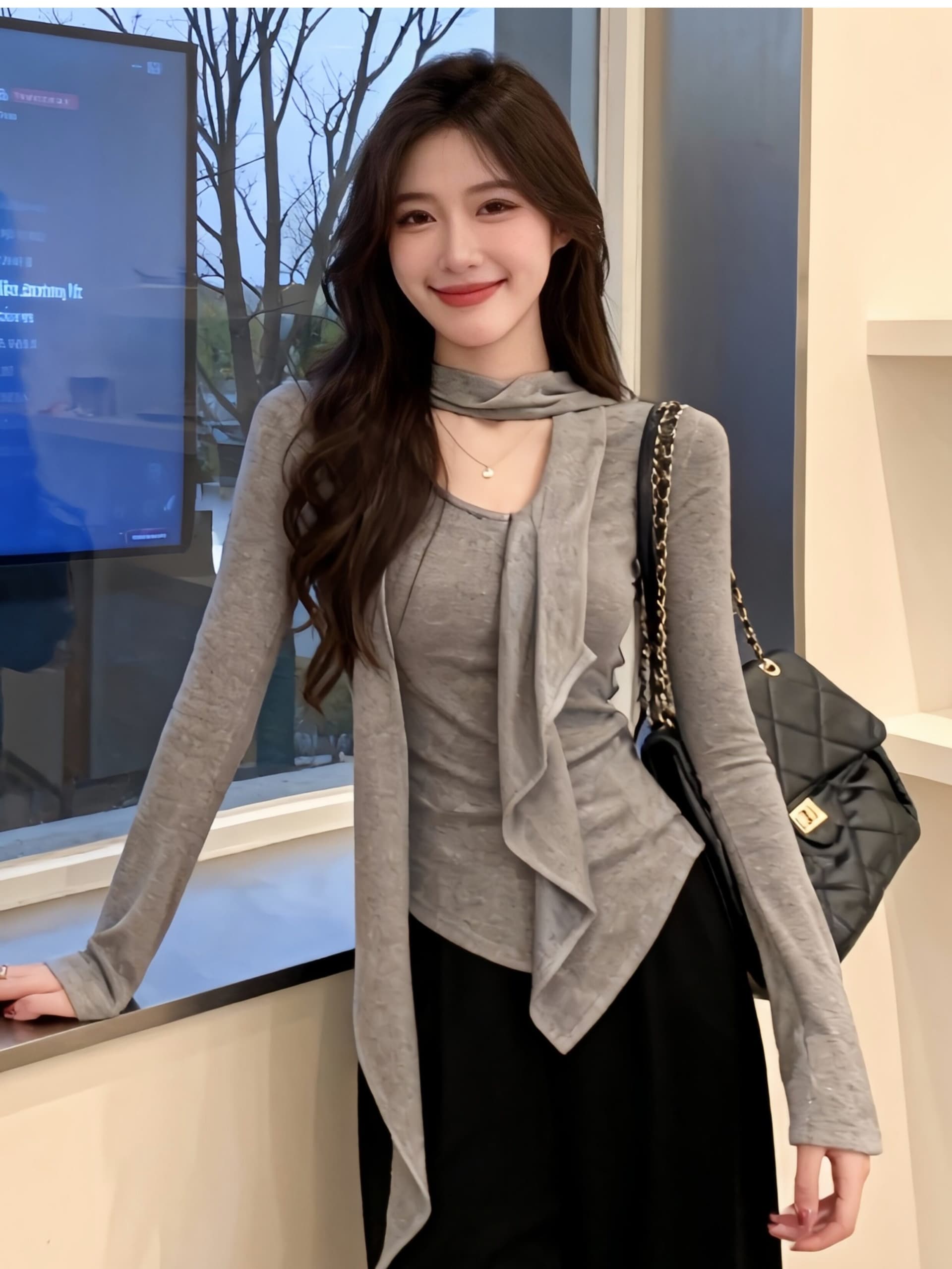 경관 그림 정가 불규칙 V넥 리본 프릴 긴팔 티셔츠 봄 여름 디자인 센스 세련된 인사이드 잡아라. 의류 여성 상세 이미지 3