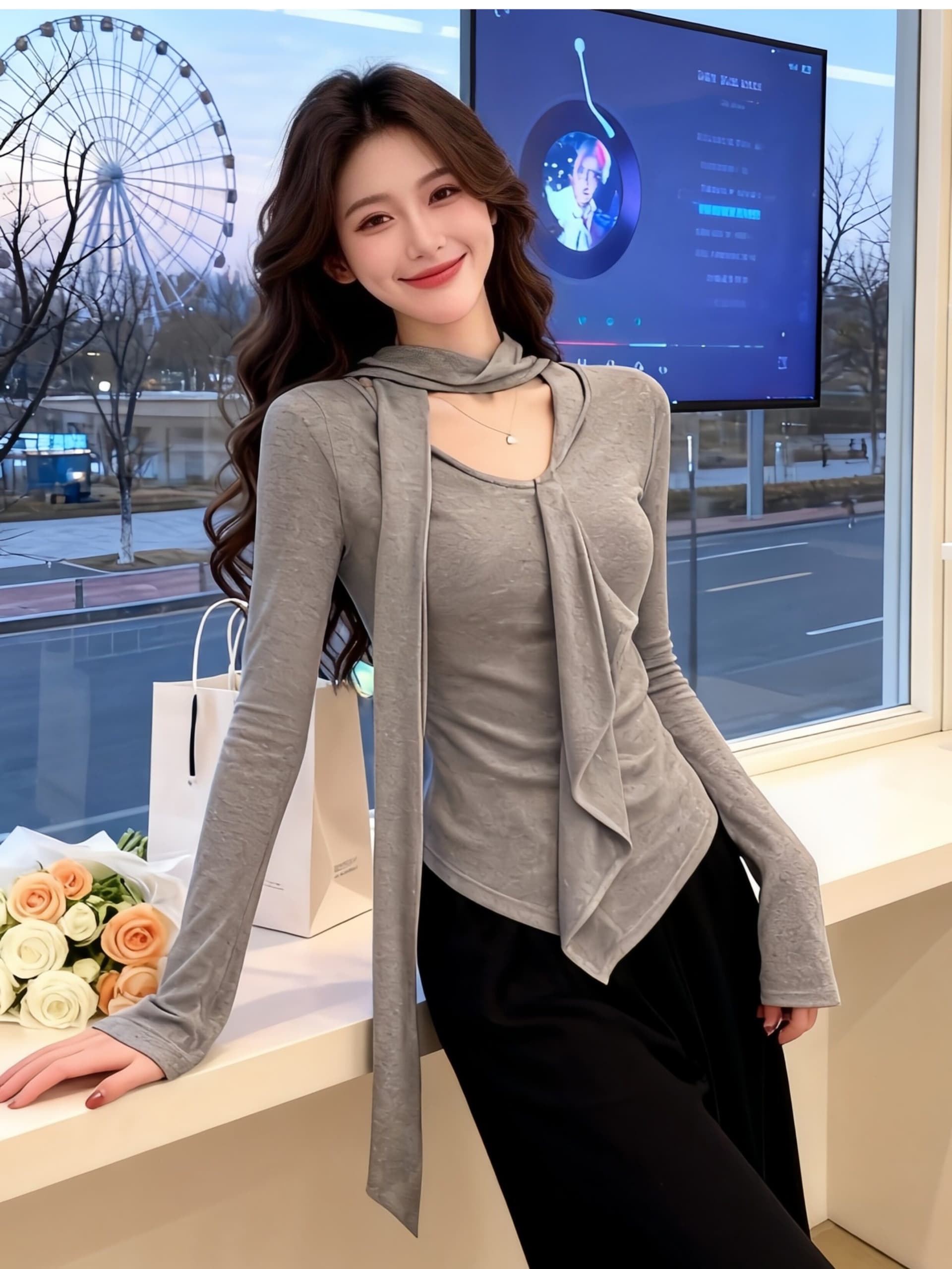 경관 그림 정가 불규칙 V넥 리본 프릴 긴팔 티셔츠 봄 여름 디자인 센스 세련된 인사이드 잡아라. 의류 여성 상세 이미지 4