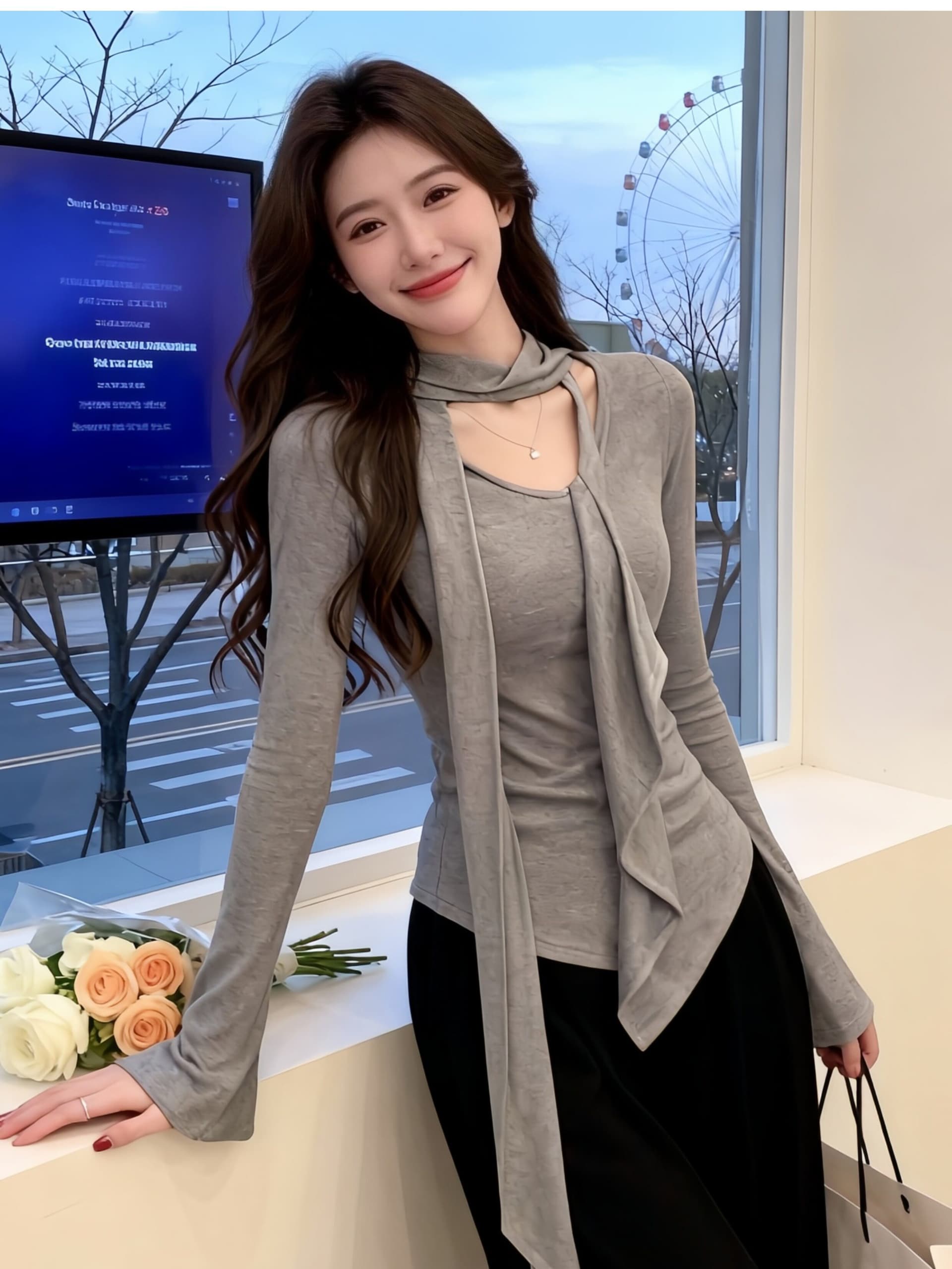 경관 그림 정가 불규칙 V넥 리본 프릴 긴팔 티셔츠 봄 여름 디자인 센스 세련된 인사이드 잡아라. 의류 여성 상세 이미지 5