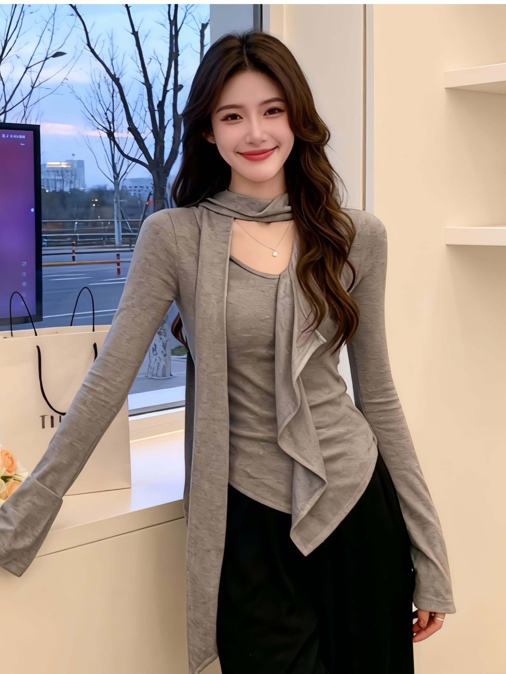 경관 그림 정가 불규칙 V넥 리본 프릴 긴팔 티셔츠 봄 여름 디자인 센스 세련된 인사이드 잡아라. 의류 여성 상세 이미지 6