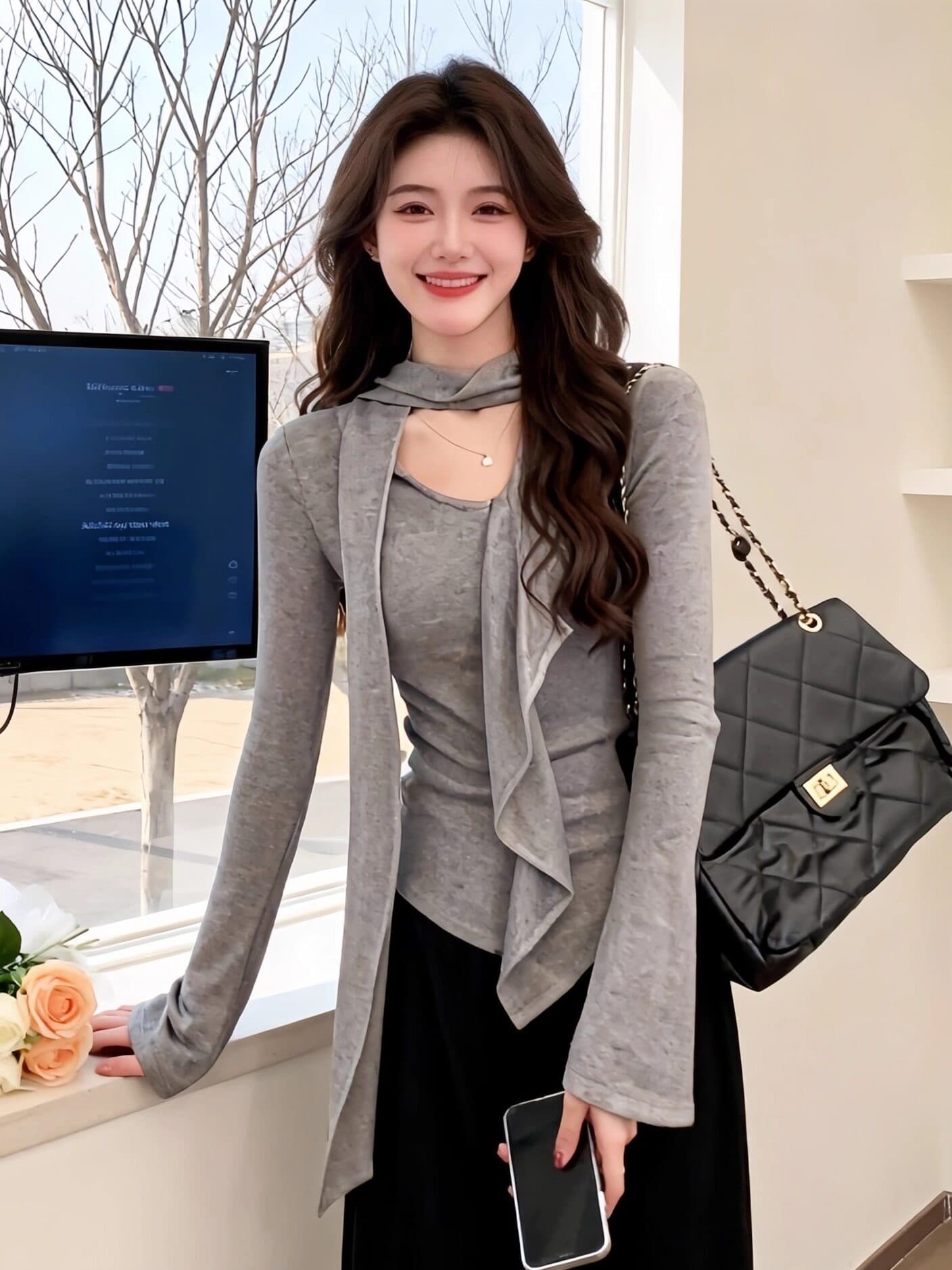 경관 그림 정가 불규칙 V넥 리본 프릴 긴팔 티셔츠 봄 여름 디자인 센스 세련된 인사이드 잡아라. 의류 여성 상세 이미지 7