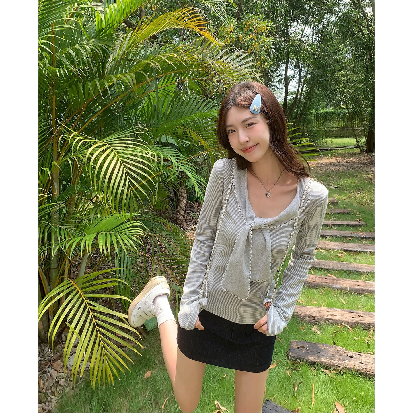 원본 원단 달콤한 스타일 레이스업 긴팔 티셔츠 여성 봄 Chic 연령 감소 슬림해 보이는 스트라이프 맨위 이미지 4