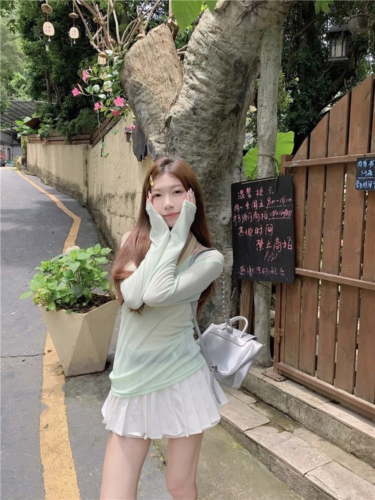 아름다운 요금 녹색 여름 얇고 가벼운 블라우스 Tulle 맨위 여성 자외선 차단 도파민 슬립 투피스 슈트 상세 이미지 26