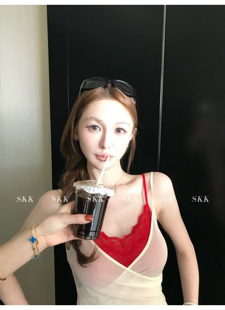 하트 비트 바 리 90g 아세트산 순수한 욕망 핫걸 스택 착용 페이크 레이어드 레이스 캐미솔 여름 상세 이미지 21