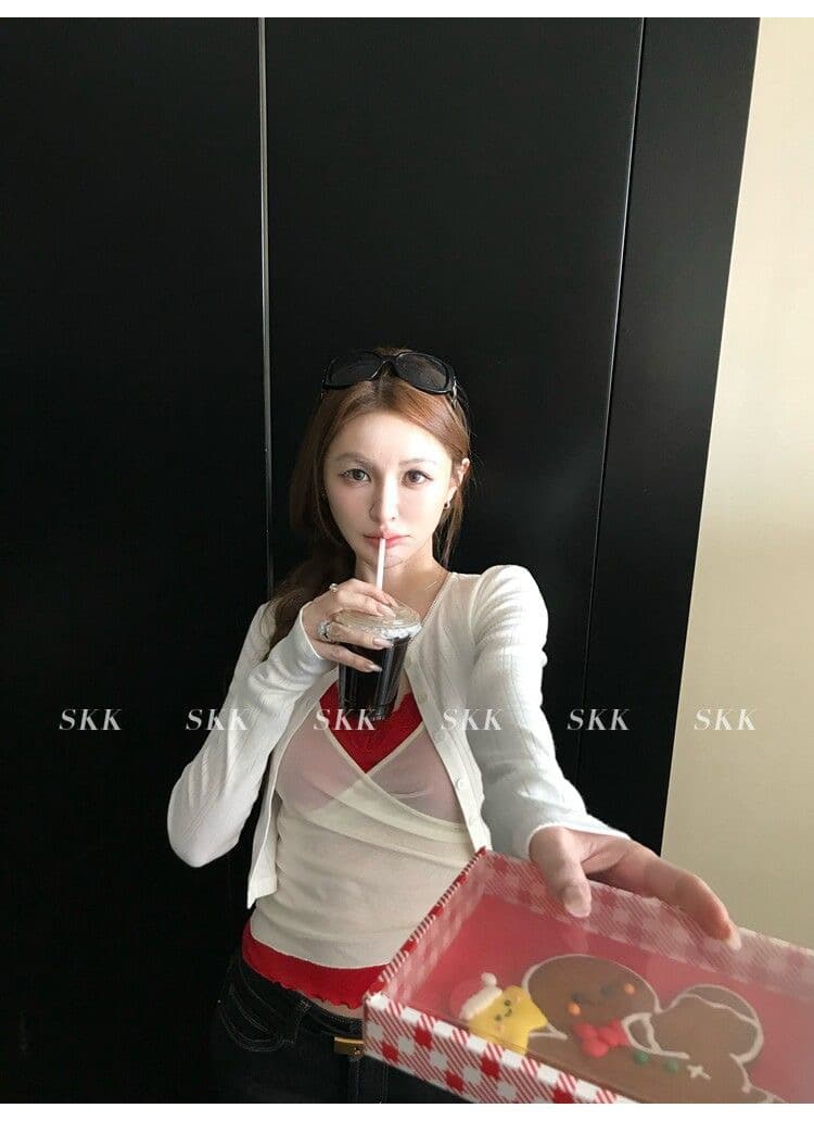 하트 비트 바 리 90g 아세트산 순수한 욕망 핫걸 스택 착용 페이크 레이어드 레이스 캐미솔 여름 상세 이미지 22
