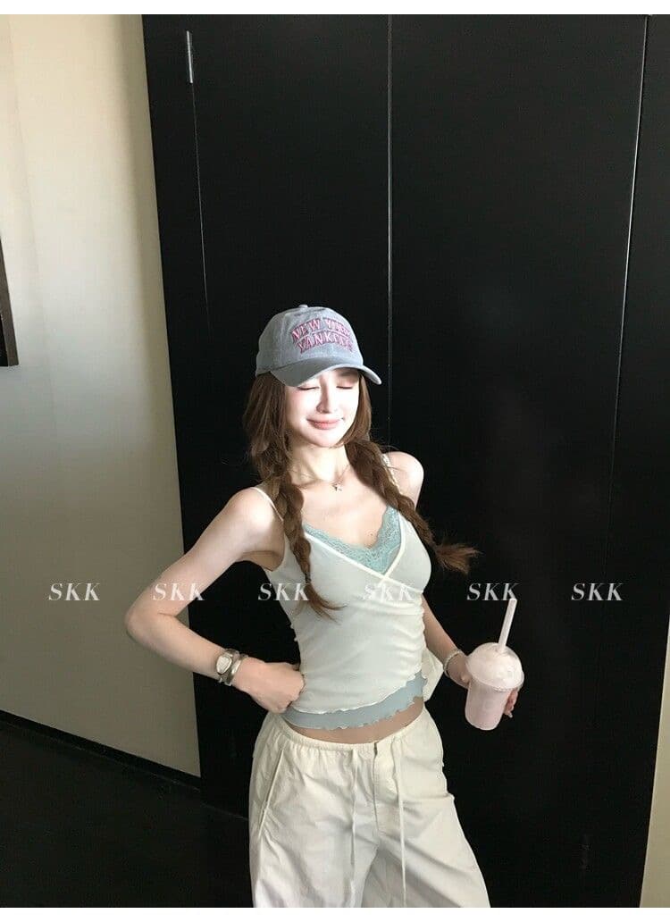 하트 비트 바 리 90g 아세트산 순수한 욕망 핫걸 스택 착용 페이크 레이어드 레이스 캐미솔 여름 상세 이미지 25