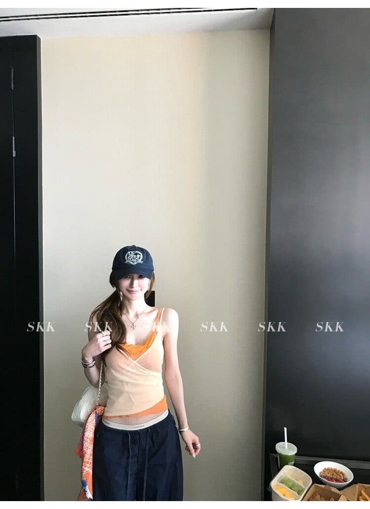 하트 비트 바 리 90g 아세트산 순수한 욕망 핫걸 스택 착용 페이크 레이어드 레이스 캐미솔 여름 상세 이미지 27
