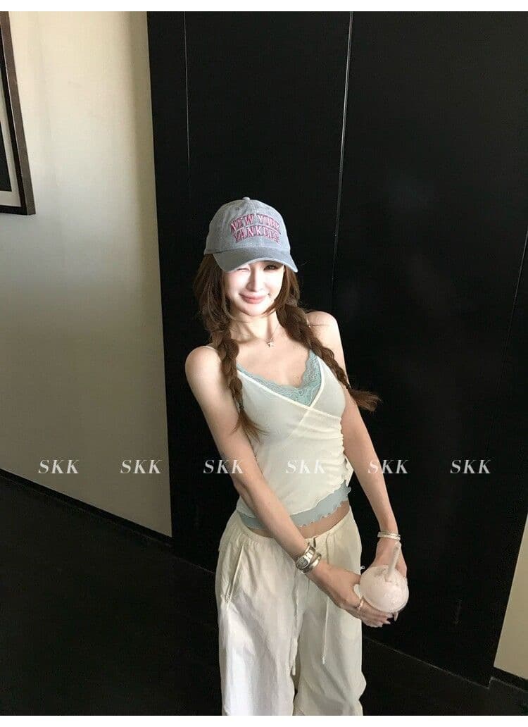 하트 비트 바 리 90g 아세트산 순수한 욕망 핫걸 스택 착용 페이크 레이어드 레이스 캐미솔 여름 상세 이미지 32