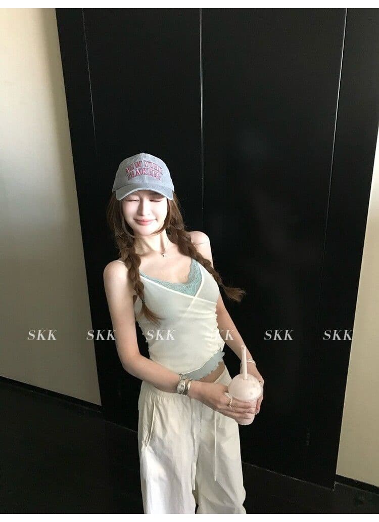 하트 비트 바 리 90g 아세트산 순수한 욕망 핫걸 스택 착용 페이크 레이어드 레이스 캐미솔 여름 상세 이미지 34