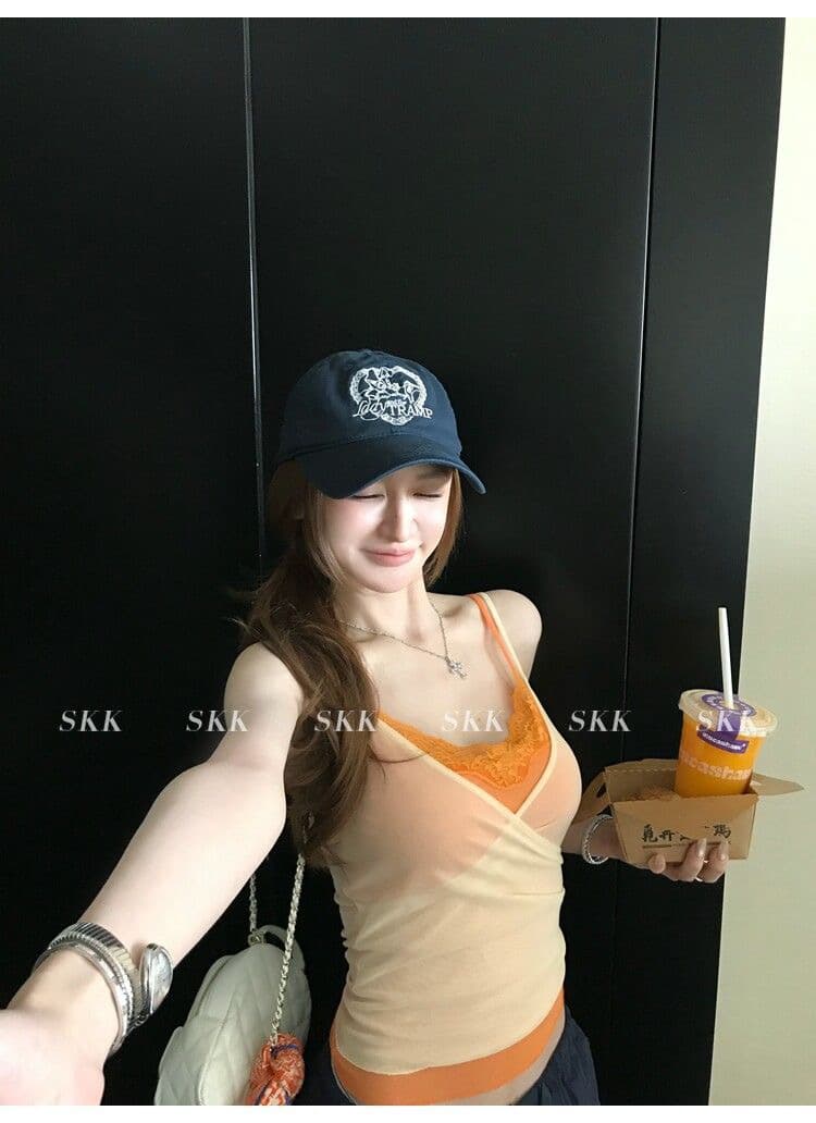 하트 비트 바 리 90g 아세트산 순수한 욕망 핫걸 스택 착용 페이크 레이어드 레이스 캐미솔 여름 상세 이미지 37