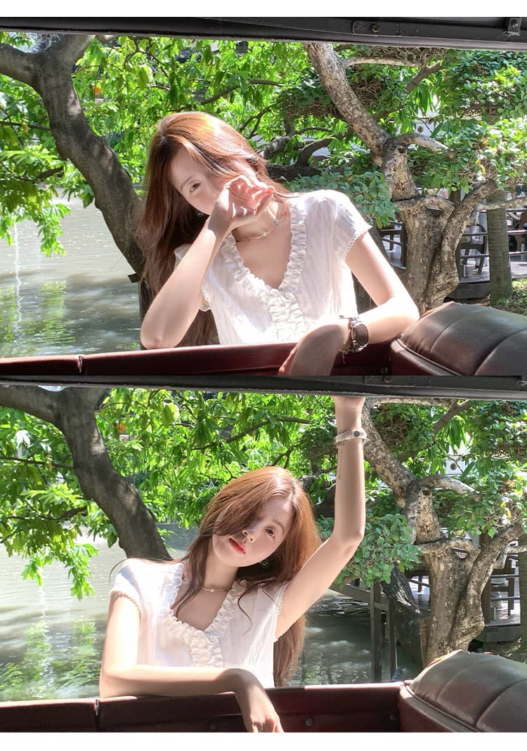 한 부서 프릴 화이트 V넥 반팔 여성 셔츠 여름 허리 수축 셔츠 맨위 상세 이미지 5