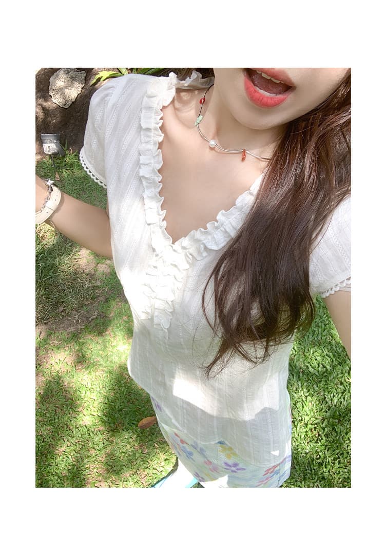 한 부서 프릴 화이트 V넥 반팔 여성 셔츠 여름 허리 수축 셔츠 맨위 상세 이미지 15