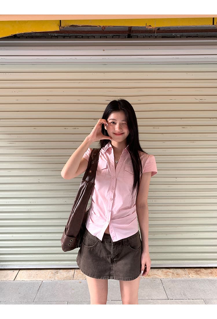 반팔 여성 셔츠 여름 중요 경우 작은 셔츠 프랑스식 맨위 핑크색 몸매 가꾸기 셔츠 상세 이미지 2