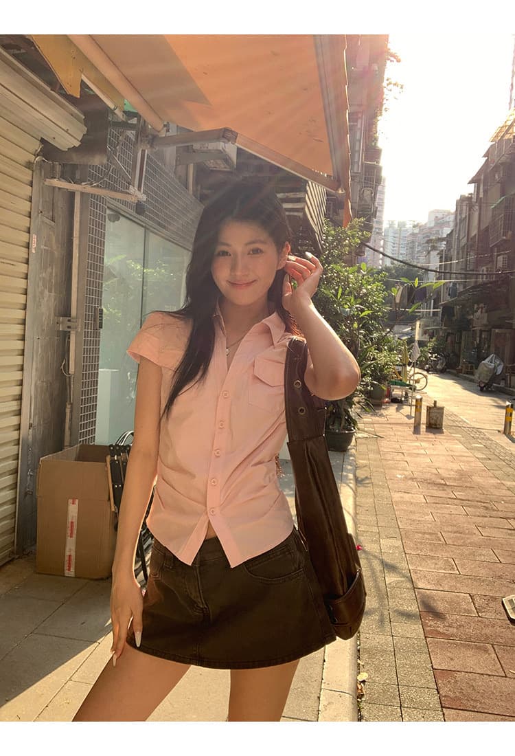 반팔 여성 셔츠 여름 중요 경우 작은 셔츠 프랑스식 맨위 핑크색 몸매 가꾸기 셔츠 상세 이미지 3