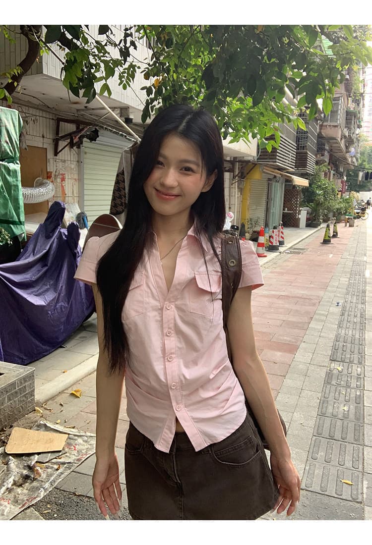 반팔 여성 셔츠 여름 중요 경우 작은 셔츠 프랑스식 맨위 핑크색 몸매 가꾸기 셔츠 상세 이미지 5
