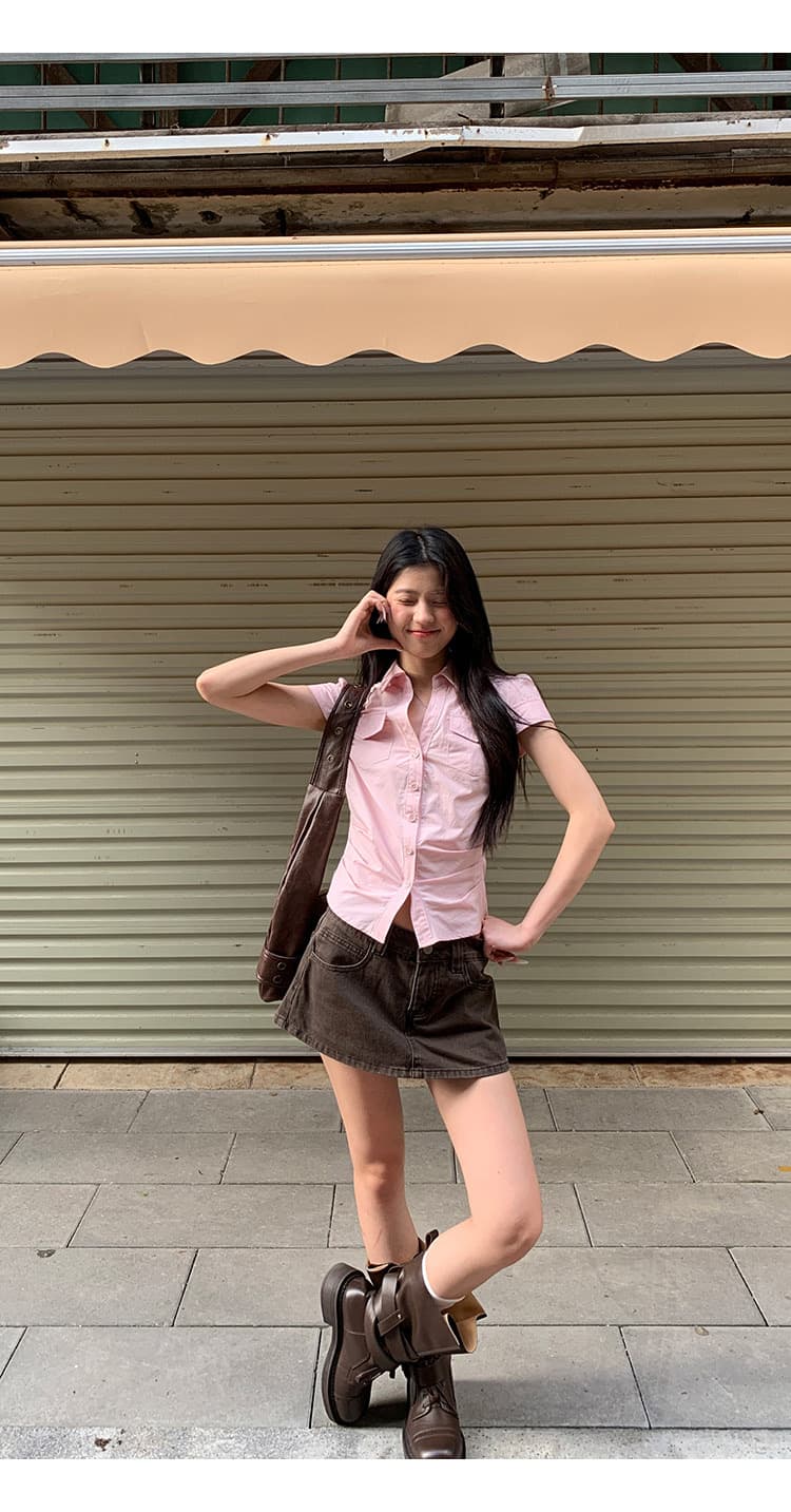 반팔 여성 셔츠 여름 중요 경우 작은 셔츠 프랑스식 맨위 핑크색 몸매 가꾸기 셔츠 상세 이미지 6