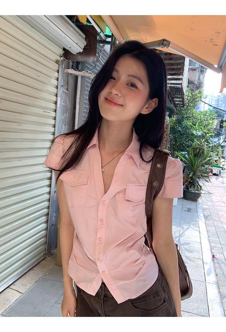 반팔 여성 셔츠 여름 중요 경우 작은 셔츠 프랑스식 맨위 핑크색 몸매 가꾸기 셔츠 상세 이미지 7