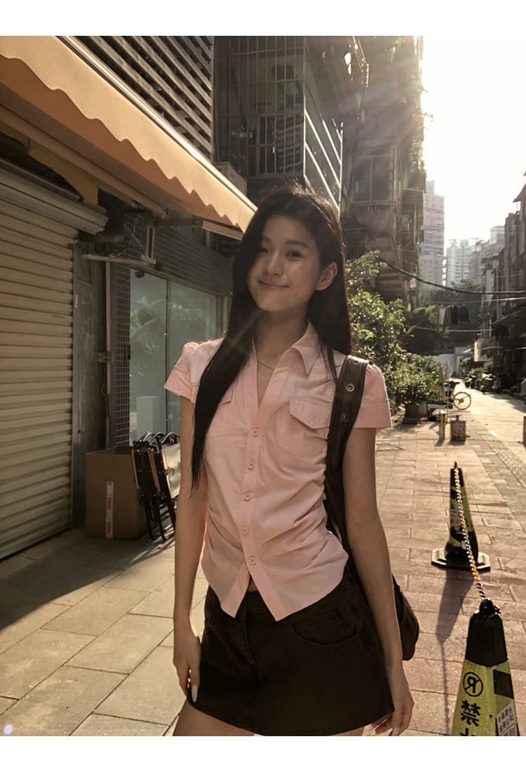 반팔 여성 셔츠 여름 중요 경우 작은 셔츠 프랑스식 맨위 핑크색 몸매 가꾸기 셔츠 상세 이미지 11