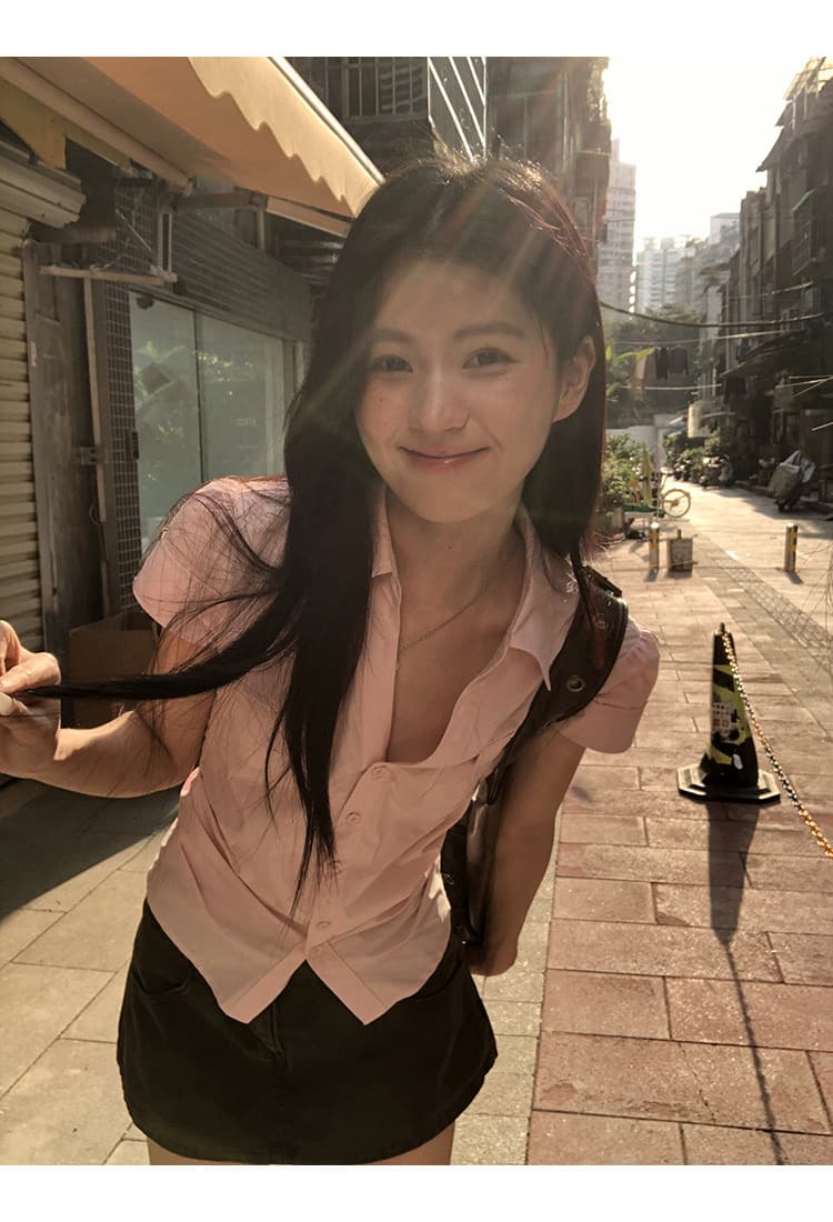 반팔 여성 셔츠 여름 중요 경우 작은 셔츠 프랑스식 맨위 핑크색 몸매 가꾸기 셔츠 상세 이미지 12
