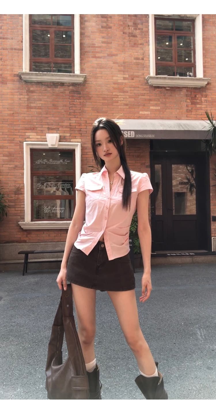 반팔 여성 셔츠 여름 중요 경우 작은 셔츠 프랑스식 맨위 핑크색 몸매 가꾸기 셔츠 상세 이미지 13