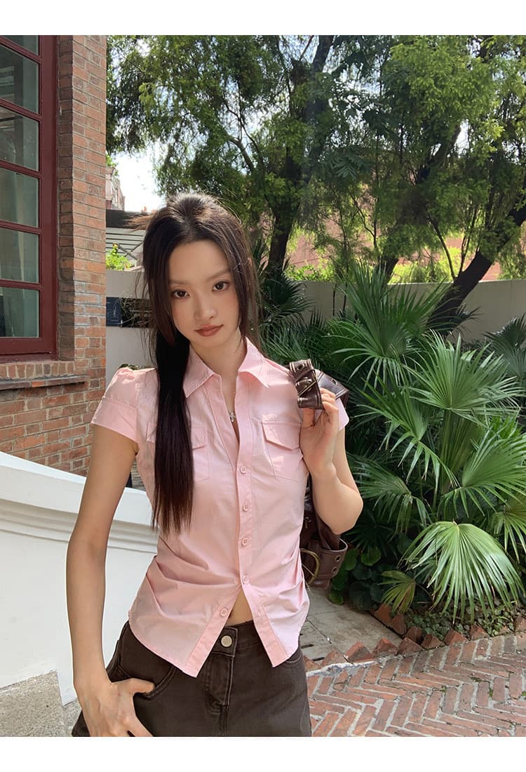 반팔 여성 셔츠 여름 중요 경우 작은 셔츠 프랑스식 맨위 핑크색 몸매 가꾸기 셔츠 상세 이미지 14