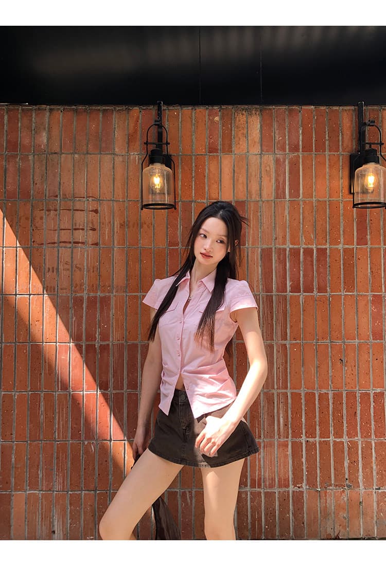 반팔 여성 셔츠 여름 중요 경우 작은 셔츠 프랑스식 맨위 핑크색 몸매 가꾸기 셔츠 상세 이미지 17