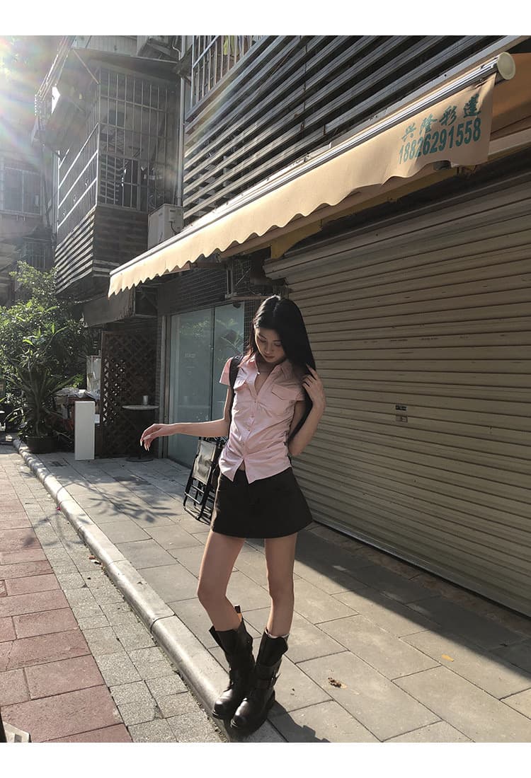 반팔 여성 셔츠 여름 중요 경우 작은 셔츠 프랑스식 맨위 핑크색 몸매 가꾸기 셔츠 상세 이미지 19