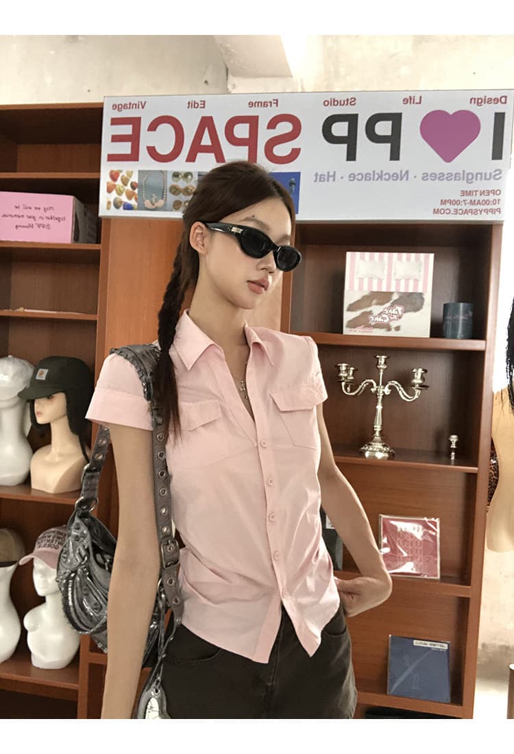 반팔 여성 셔츠 여름 중요 경우 작은 셔츠 프랑스식 맨위 핑크색 몸매 가꾸기 셔츠 상세 이미지 23