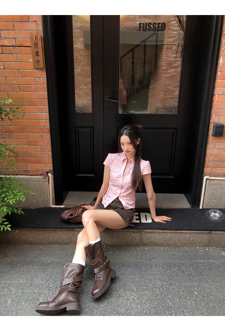 반팔 여성 셔츠 여름 중요 경우 작은 셔츠 프랑스식 맨위 핑크색 몸매 가꾸기 셔츠 상세 이미지 24