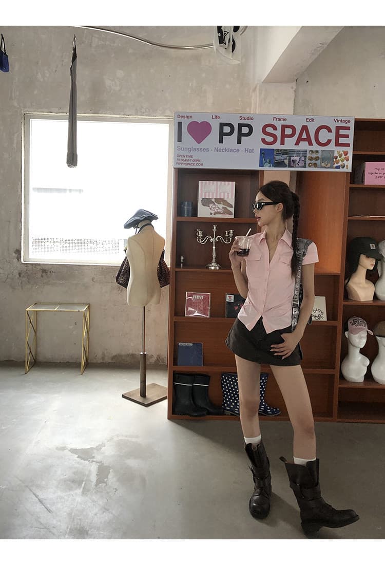 반팔 여성 셔츠 여름 중요 경우 작은 셔츠 프랑스식 맨위 핑크색 몸매 가꾸기 셔츠 상세 이미지 25