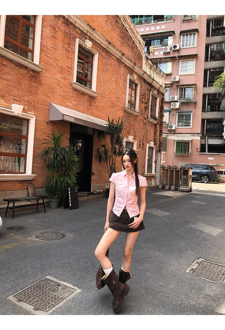 반팔 여성 셔츠 여름 중요 경우 작은 셔츠 프랑스식 맨위 핑크색 몸매 가꾸기 셔츠 상세 이미지 26