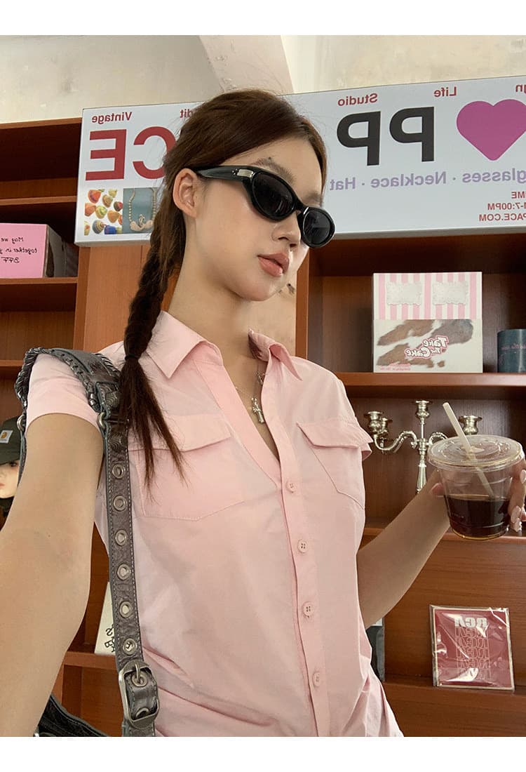 반팔 여성 셔츠 여름 중요 경우 작은 셔츠 프랑스식 맨위 핑크색 몸매 가꾸기 셔츠 상세 이미지 28