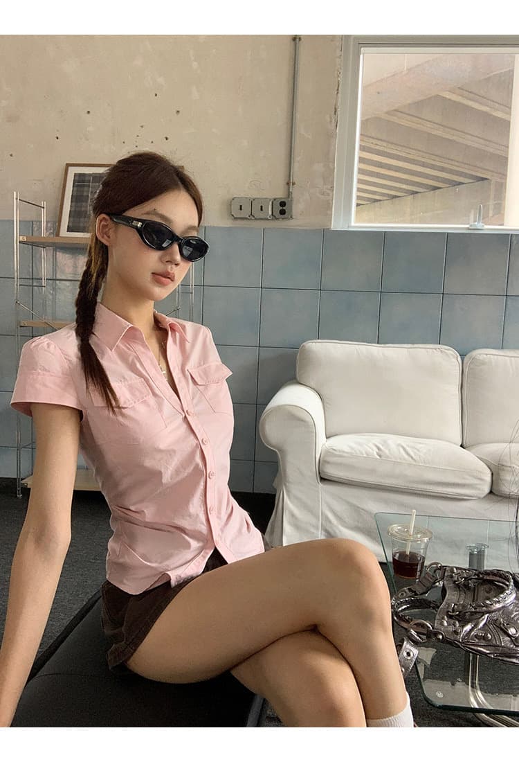반팔 여성 셔츠 여름 중요 경우 작은 셔츠 프랑스식 맨위 핑크색 몸매 가꾸기 셔츠 상세 이미지 29
