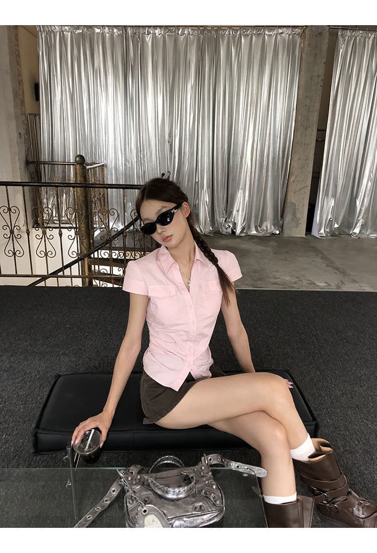 반팔 여성 셔츠 여름 중요 경우 작은 셔츠 프랑스식 맨위 핑크색 몸매 가꾸기 셔츠 상세 이미지 34