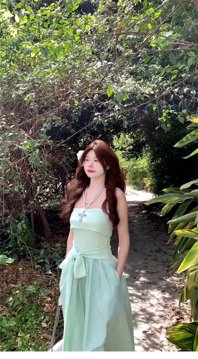 2026 여름 새로운 프랑스식 박하 녹색 튜브탑 드레스 아이들 해변가 휴가 바람 허리 수축 오프숄더 롱 스커트 상세 이미지 3