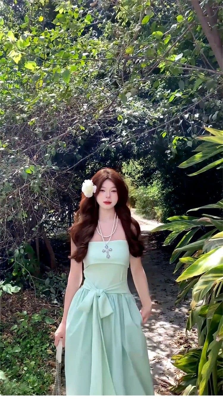 2026 여름 새로운 프랑스식 박하 녹색 튜브탑 드레스 아이들 해변가 휴가 바람 허리 수축 오프숄더 롱 스커트 상세 이미지 7