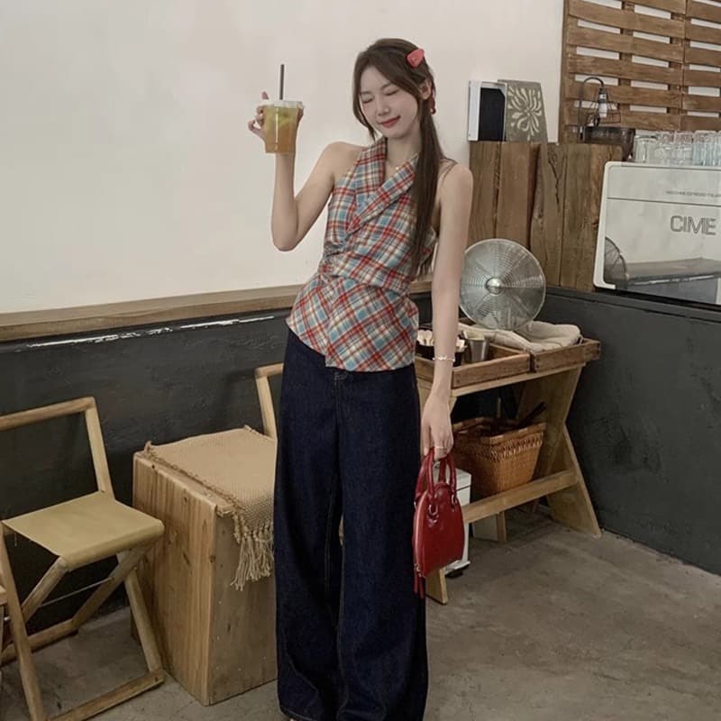 경관 그림 정가 체크무늬 V넥 캐미솔 새로운 달콤한 매운맛 바람 나비 매듭 허리 수축 몸매 가꾸기 슬림해 보이는 의류 ins 이미지 2
