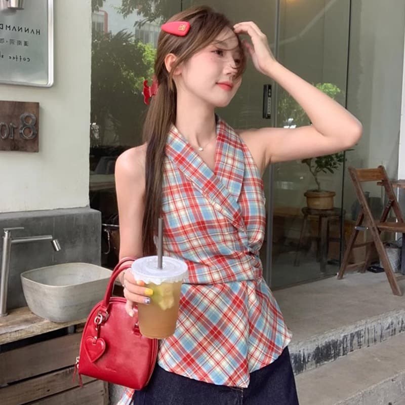 경관 그림 정가 체크무늬 V넥 캐미솔 새로운 달콤한 매운맛 바람 나비 매듭 허리 수축 몸매 가꾸기 슬림해 보이는 의류 ins