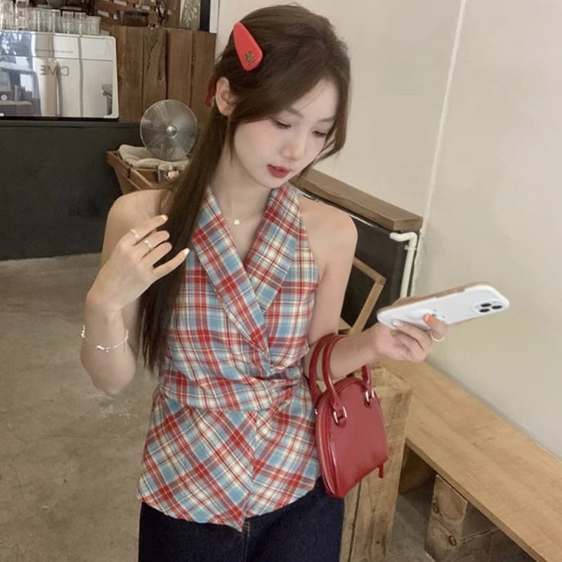 경관 그림 정가 체크무늬 V넥 캐미솔 새로운 달콤한 매운맛 바람 나비 매듭 허리 수축 몸매 가꾸기 슬림해 보이는 의류 ins 이미지 4