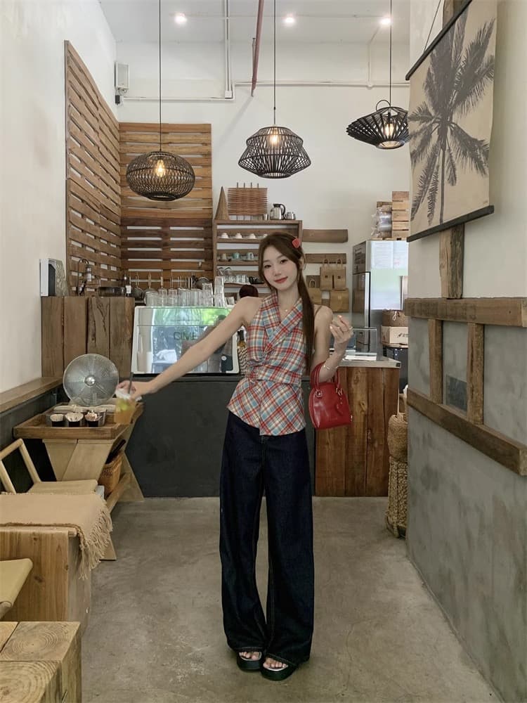 경관 그림 정가 체크무늬 V넥 캐미솔 새로운 달콤한 매운맛 바람 나비 매듭 허리 수축 몸매 가꾸기 슬림해 보이는 의류 ins 상세 이미지 3