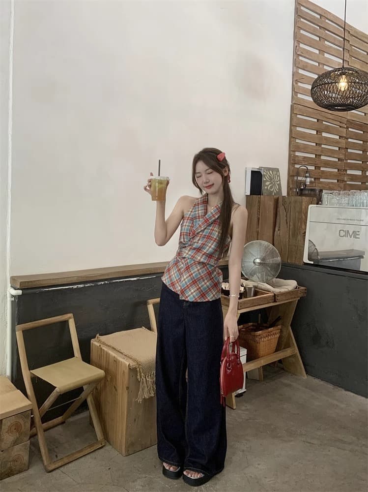 경관 그림 정가 체크무늬 V넥 캐미솔 새로운 달콤한 매운맛 바람 나비 매듭 허리 수축 몸매 가꾸기 슬림해 보이는 의류 ins 상세 이미지 5