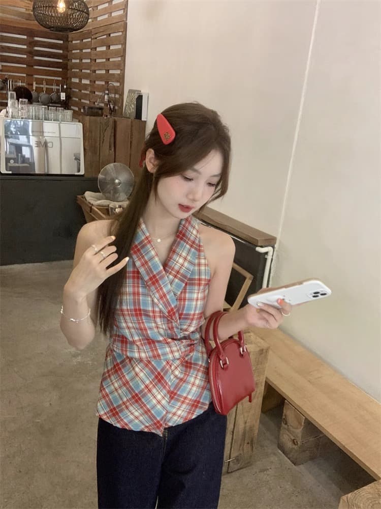 경관 그림 정가 체크무늬 V넥 캐미솔 새로운 달콤한 매운맛 바람 나비 매듭 허리 수축 몸매 가꾸기 슬림해 보이는 의류 ins 상세 이미지 8